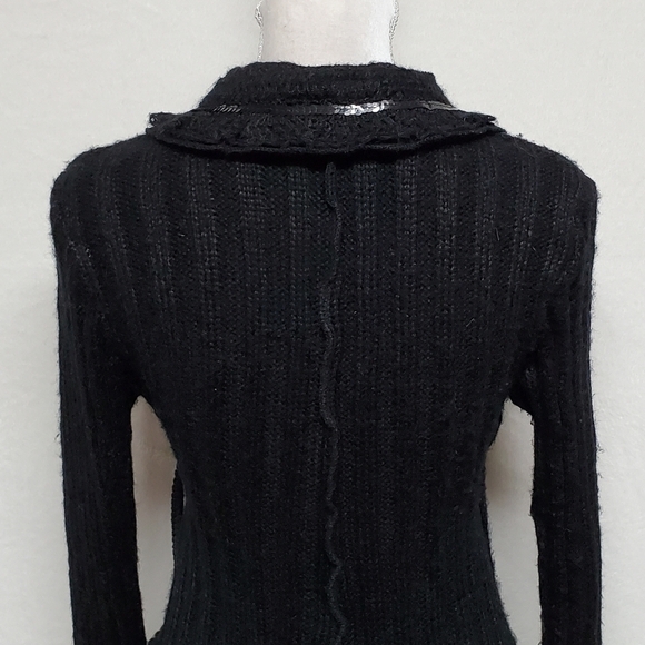 FORLA Paris Boho Goth Black Eyelet Lace Sequin Asymmetrical Tie-Waist Cardigan - Picture 13 of 16